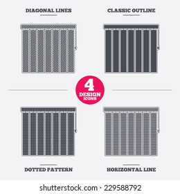 Louvers vertical sign icon. Window blinds or jalousie symbol. Diagonal and horizontal lines, classic outline, dotted texture. Pattern design icons.  Vector