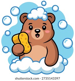 Lovable bear taking bath with suds isolated vector illustration on white background