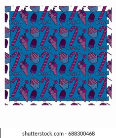 a lovable cheerful pattern with candies, ice-creams and cupcake