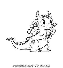 A lovable dragon with big eyes and a shy smile, holding a flower, perfect for kids' coloring activities and books.