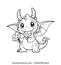 A lovable dragon with big eyes and a shy smile, holding a flower, perfect for kids' coloring activities and books.