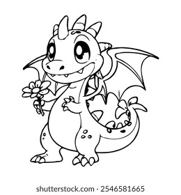 A lovable dragon with big eyes and a shy smile, holding a flower, perfect for kids' coloring activities and books.