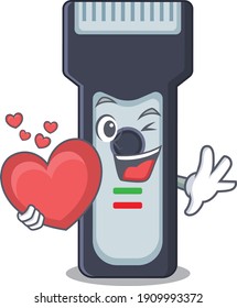 A lovable electric shaver caricature design style holding a big heart. Vector illustration