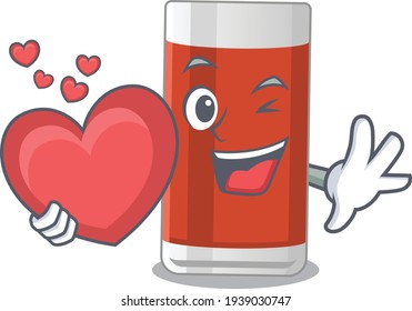 A lovable glass of apple juice caricature design style holding a big heart. Vector illustration