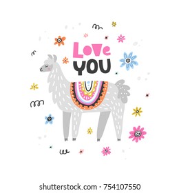 Lovable lama drawing made in vector. Unique hand drawn style. Good for greeting cards, romantic invitations, decoration, etc.