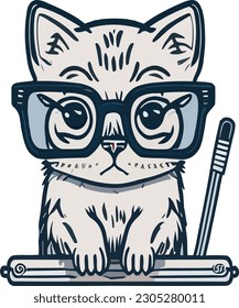 Logotipo adorable de un gato vistiendo espectáculos, destacando el encanto académico e intelectual del gato.