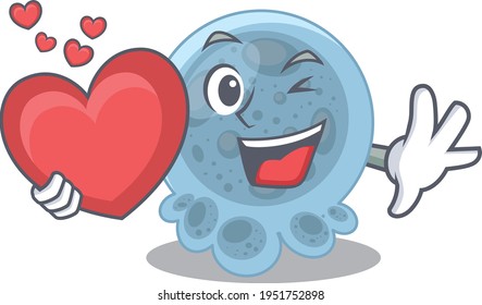 A lovable pasteurella caricature design style holding a big heart. Vector illustration