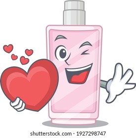 A lovable perfume caricature design style holding a big heart. Vector illustration