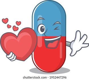 A lovable pills drug caricature design style holding a big heart. Vector illustration