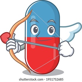 A lovable pills drug as a romantic cupid cartoon picture with arrow. Vector illustration