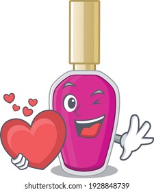 A lovable pink nail polish caricature design style holding a big heart. Vector illustration