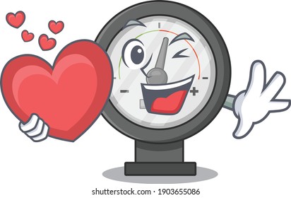 A lovable pressure gauge caricature design style holding a big heart