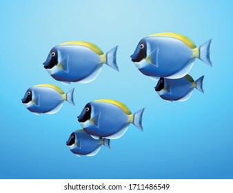 Lovable shoal of blue tang fish, isolated on ocean blue background, 3d illustration