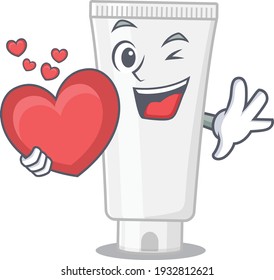 A lovable shower gel caricature design style holding a big heart. Vector illustration