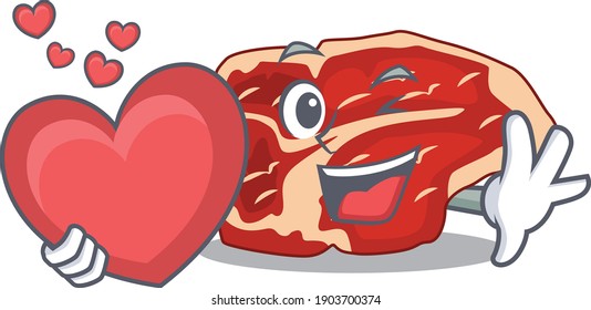 A lovable T-bone caricature design style holding a big heart. Vector illustration