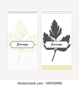 Lovage seasoning. Hand drawn branch with leaves in outline and silhouette style. Spicy herbs retro labels collection for food packaging or kitchen design. Vector illustration