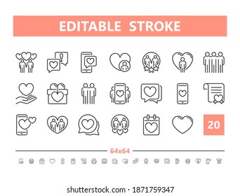 Me encantan los iconos de 20 líneas. Ilustración vectorial en estilo de línea. Estroque editable, 64x64, 256x256, Pixel Perfecto.