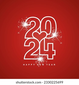 Love 2024 Happy New Year 2024 beautiful white modern line design typography logo red background greeting card