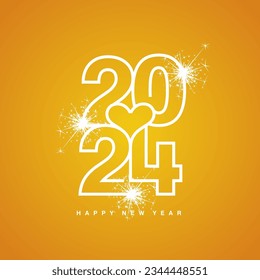 Love 2024 Happy New Year 2024 beautiful love heart white modern line design typography logo yellow orange background greeting card