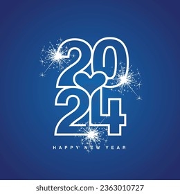 Love 2024 Happy New Year 2024 beautiful love heart white modern line design typography logo blue background greeting card