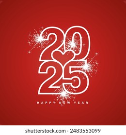 Love 2025 Happy New Year 2025 beautiful white modern line design typography logo with heart in the middle on red greeting card background