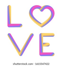 Love, 3d font with bright liquid gradient colors. Decorative elements isolated on the white background. Love and romantic theme, Valentine's Day. Colorful vector illustration with fluid gradients.
