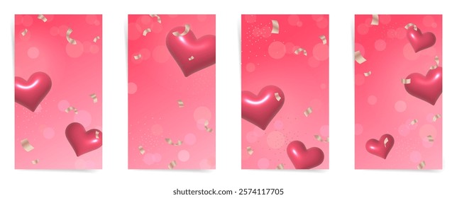 Love 3d hearts sale stories banners template set. Wedding design for new stories and promo posts. Birthday hearts with golden confetti in red, pink colors set.