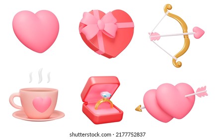 Love 3d icon set. Valentine's Day, Romance. Romantic date and marriage proposal. Hearts, Gifts. Isolated icons, objects on a transparent background