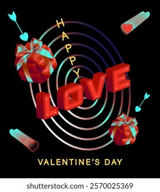 LOVE 3d inscription in the center of the color target, around fabric red gift boxes with blue arrows-hearts. Happy Valentine's Day. Idea of ​​an advertising banner