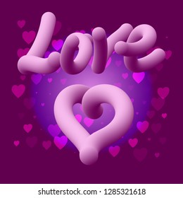 Love  3D text . Decorative background with lots of  hearts . Vector illustration. Happy Valentines Day.