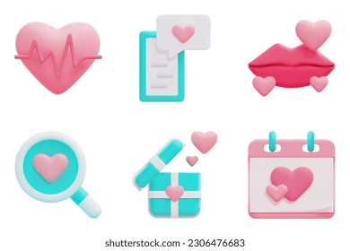 Love 3d vector icon set. Heartbeat, talk, kiss, search, gift, calendar. Isolated on white background. 3d icon vector render illustration.