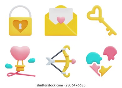 Love 3d vector icon set. Padlock, love letter, key, balloon, cupid arrow, jigsaw. Isolated on white background. 3d icon vector render illustration.