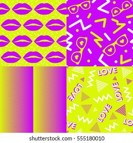 Love in the 80's Pattern Set. Collection of 4 seamless Valentines love patterns  with an eighties look.