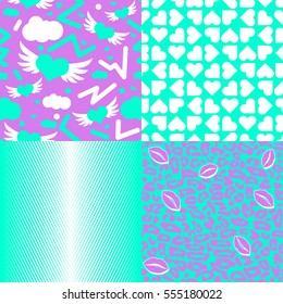 Love in the 80's Pattern Set. Collection of 4 seamless Valentines love patterns  with an eighties look.