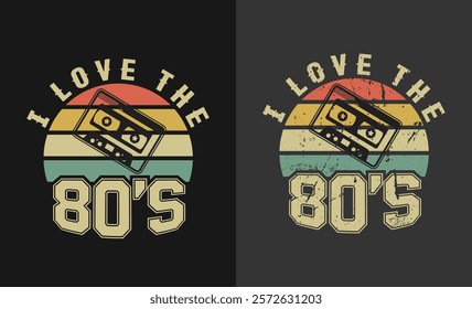 I Love 80s-90s t shirt design text effect card or invitation with geometric elements, tape cassette. Back to the 90s Vector illustration