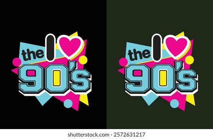 I Love 80s-90s t shirt design text effect card or invitation with geometric elements, tape cassette. Back to the 90s Vector illustration