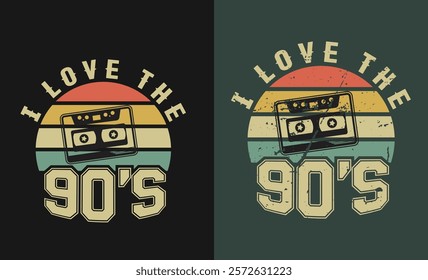 I Love 80s-90s t shirt design text effect card or invitation with geometric elements, tape cassette. Back to the 90s Vector illustration