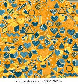 Love 90s 80s geometric seamless pattern in Memphis Style. Colorful retro graphic wedding, valentine’s, heart, romantic background, wallpaper, backdrop, texture.