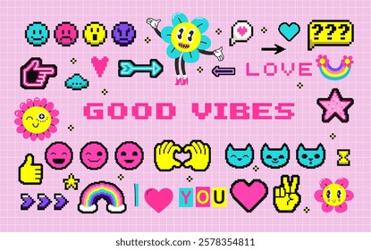 I love the 90s. Cartoon stickers in funky hipster groovy grunge 90s style. Futuristic y2k patches, labels, tags, stickers, bracelet stamps in retro style.