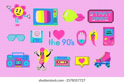 I love the 90s. Cartoon stickers in funky hipster groovy grunge 90s style. Futuristic y2k patches, labels, tags, stickers, bracelet stamps in retro style.