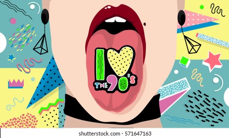 I love the 90's. Girl with tongue. Memphis style poster, invitation card and banner with geometric elements.  Vector illustration in trendy 80s-90s Memphis style.