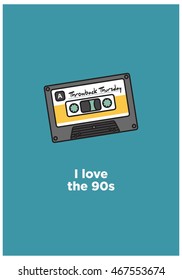 I Love The 90s (Throwback Thursday Written On A Line Art Cassette Tape Vector Illustration In Flat Style Design)