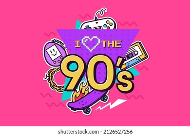 I love the 90s vector illustration. Colorful badge with lettering and items in the style of the nineties. Nostalgic background. Event or party invitation design. ideal for promo, t-shirt print, etc.