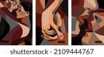 Love abstract Art set. Posters with couple in love, hands and kiss on lips. Design elements for social network and wall decoration in house. Cartoon flat vector collection isolated on white background