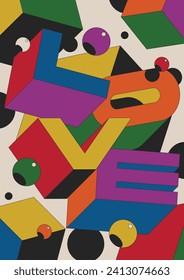 Love Abstract Background, 1980s - 1990s Posters Template, Vintage Colors, Geometric Shapes, 3d Lettering 