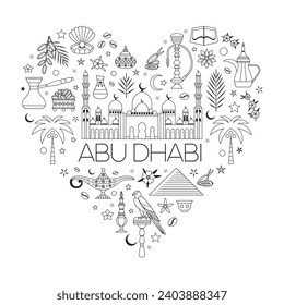 I love Abu Dhabi travel line art print or card with Emirates symbols and elements stylized in heart shape. Popular UAE symbols and landmarks such as Sheikh Zayed Grand Mosque, arabic food and drink.