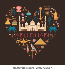 I love Abu Dhabi travel print or card with Emirates symbols and elements stylized in heart shape. Popular UAE symbols and landmarks such as Sheikh Zayed Grand Mosque, arabic food and drink.