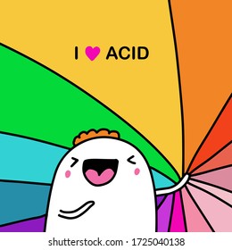 Me encanta la ilustración vectorial dibujada a mano con ácido en el estilo de historietas de dibujos animados hombre feliz con los colores del arcoiris cara kawaii