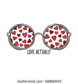 Love Actually. Sunglasses. Hearts. Isolated vector objects on white background.