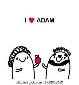 I love Adam hand drawn vector illustration in cartoon comic style couple together holding apple heart symbol